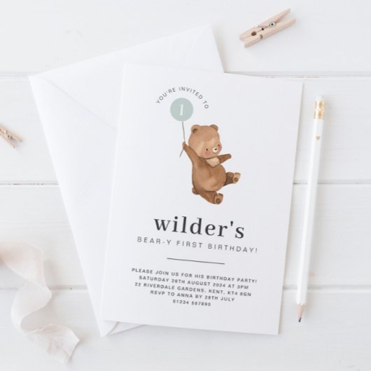 Invitation de l'ours premier anniversaire Ballons 