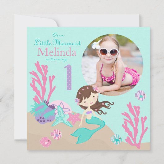 Invitation de lt Brunette Mermaid First Birthday (Devant)