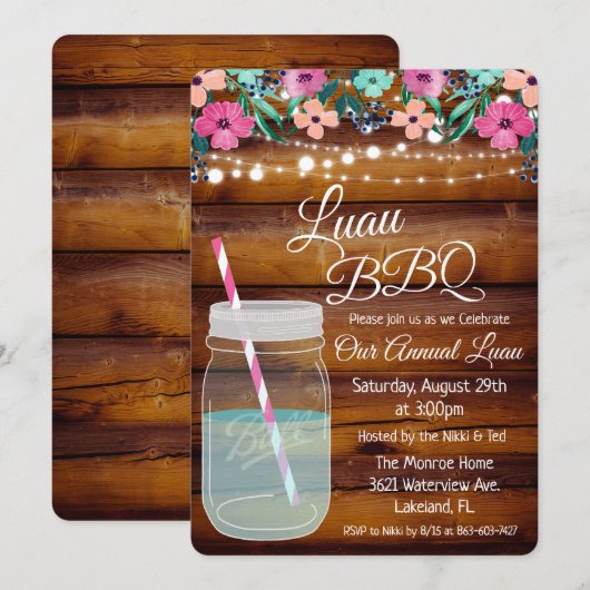 Invitation de Luau Aloha BBQ Mason Jar (Devant / Derrière)