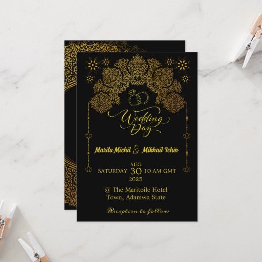 Invitation de luxe avec l'ornement islamique d'or (Devant/Arrière en situation)