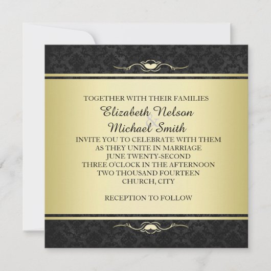 Invitation de luxe Black/Gold Mariage damassé (Devant)