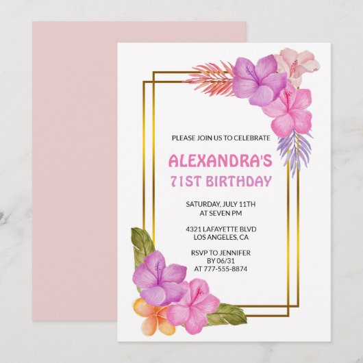 Invitation de luxe florale tropicale rose pour 71e (Devant / Derrière)