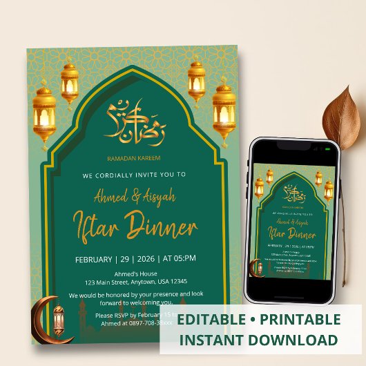 Invitation de luxe pour la soirée Iftar vert foncé