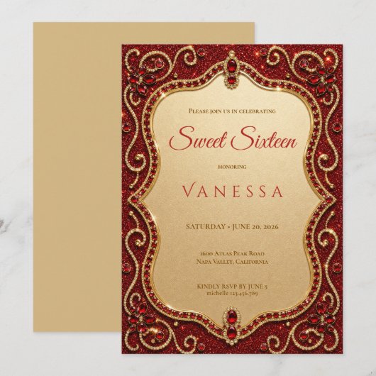 Invitation de luxe pour sweet 16 avec strass rouge (Devant / Derrière)