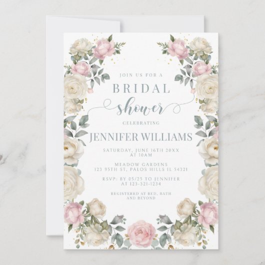 Invitation de luxe rose blanc floral douche nuptia (Devant)