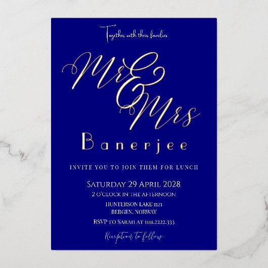Invitation de M. & Mme Marine Mariage bleu Foil (Recto)