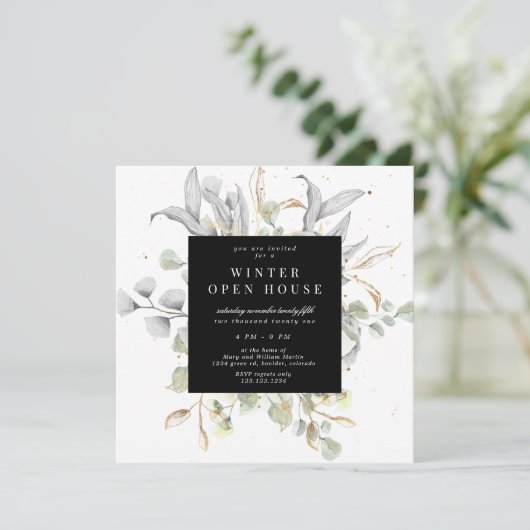 Invitation de maison ouverte élégante avec fleurs  (Debout devant)