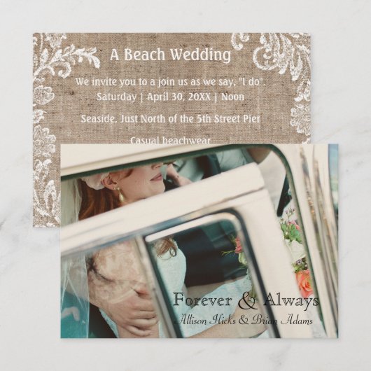 Invitation de mariage 3x5 Beach Burlap & Lace (Devant / Derrière)