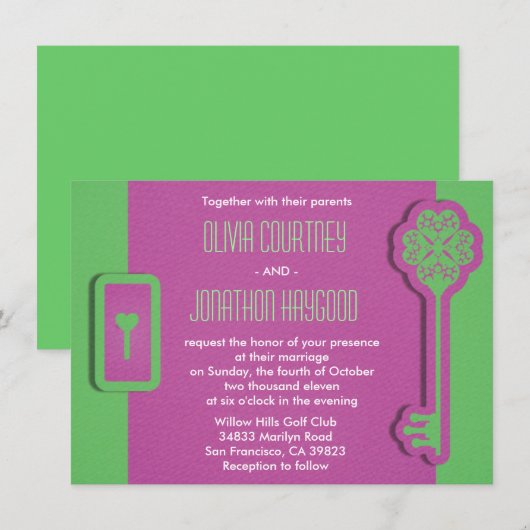 Invitation de mariage à clé et serrure squelette (Devant / Derrière)