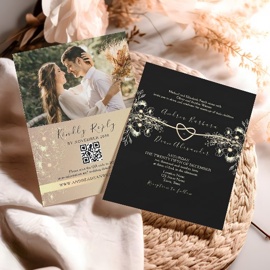 Invitation de mariage à code QR floral or noir