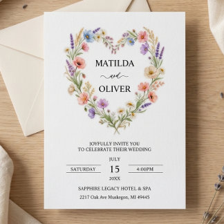Invitation de mariage à cœur floral aquarelle