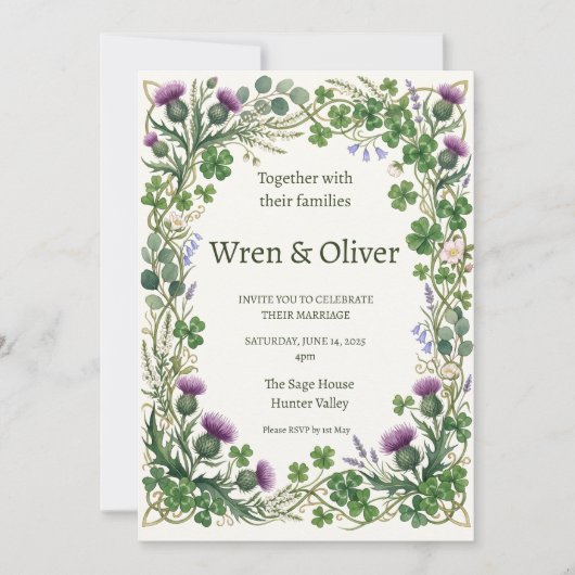 Invitation de mariage à couronne botanique écossai (Devant)