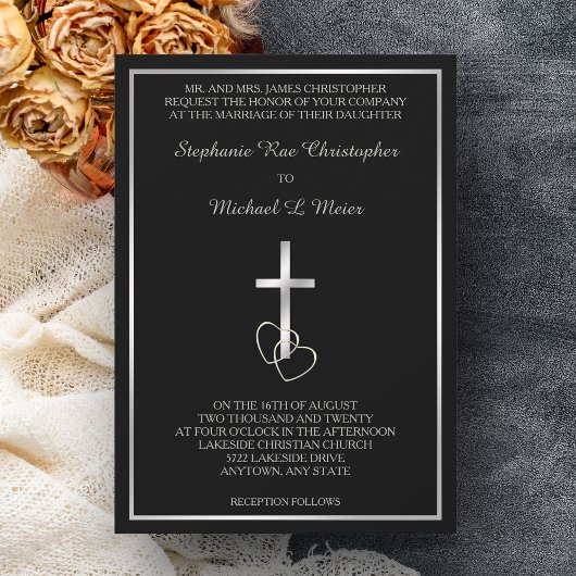 Invitation de mariage à croix chrétienne argent no