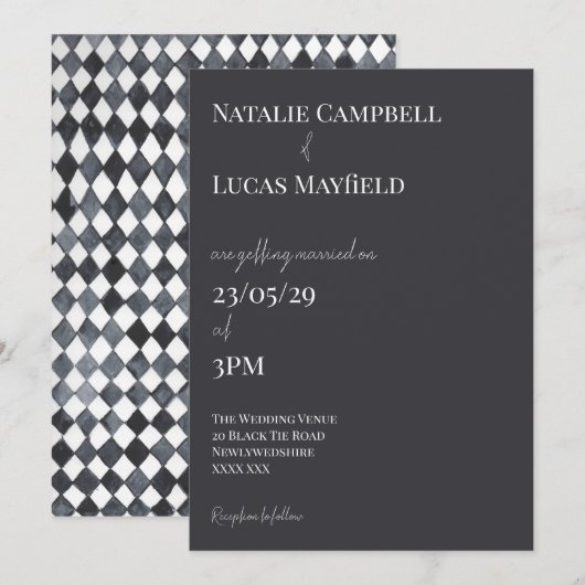 Invitation de mariage à dos de diamant noir et bla (Devant / Derrière)