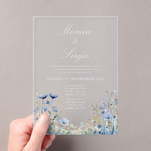 Invitation de mariage à fleurs bleues en acrylique (In situ (ordinateur de poche))