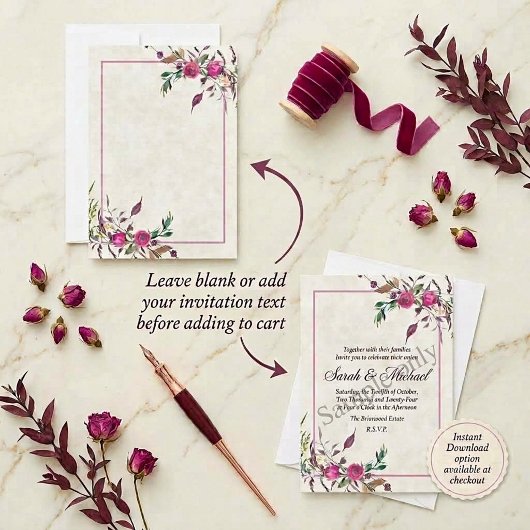 Invitation de mariage à fleurs détachées rose, bud