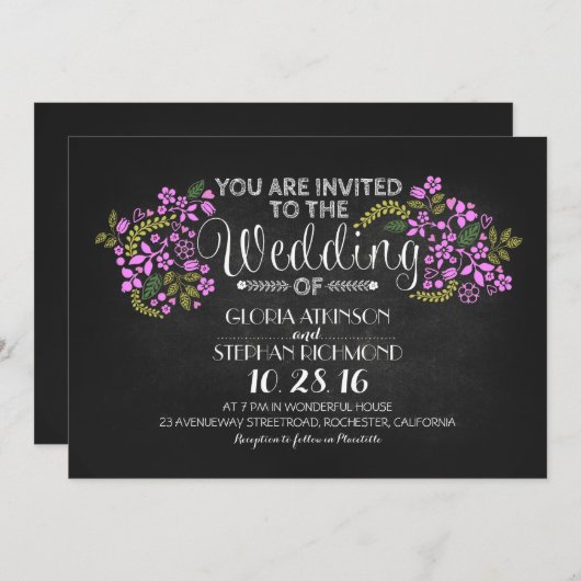 invitation de mariage à la chalkboard à fleurs rus (Devant / Derrière)