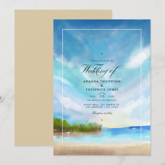Invitation de mariage à la plage en aquarelle pour (Devant / Derrière)