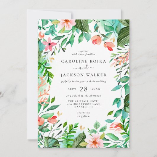Invitation de mariage à la plage florale tropicale (Devant)