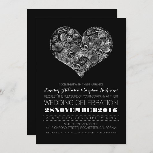 Invitation de mariage à la plage noire avec coquil (Devant / Derrière)