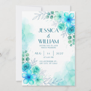 Invitation de mariage à la rose aquarelle turquois