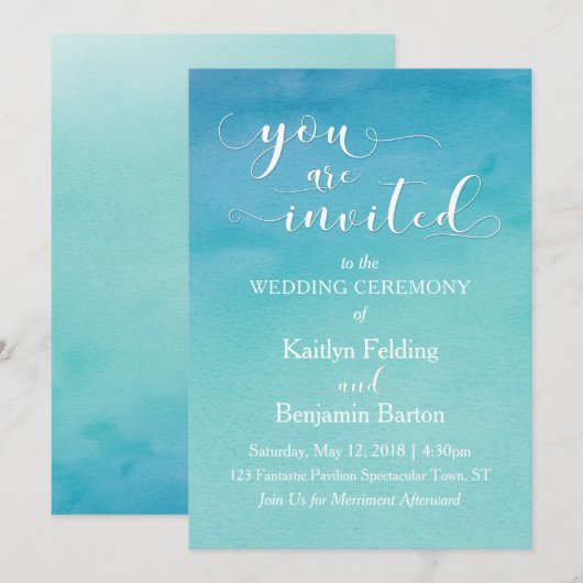 Invitation de mariage à l'aquarelle bleue et sarce (Devant / Derrière)