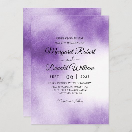 invitation de mariage à l'aquarelle brune violette (Devant / Derrière)