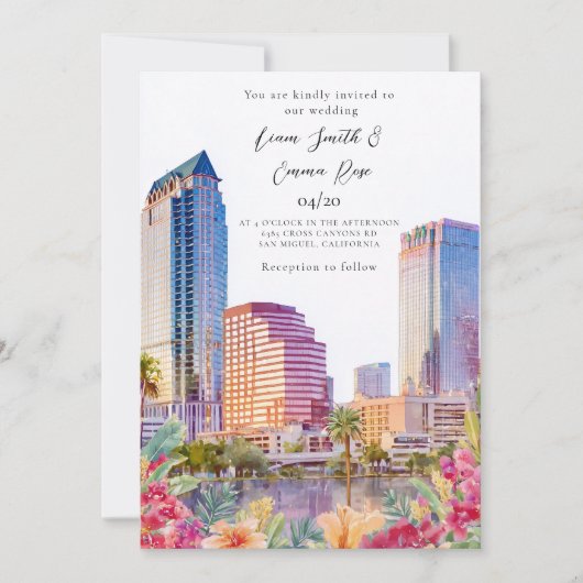 Invitation de mariage à l'aquarelle de la skyline (Devant)
