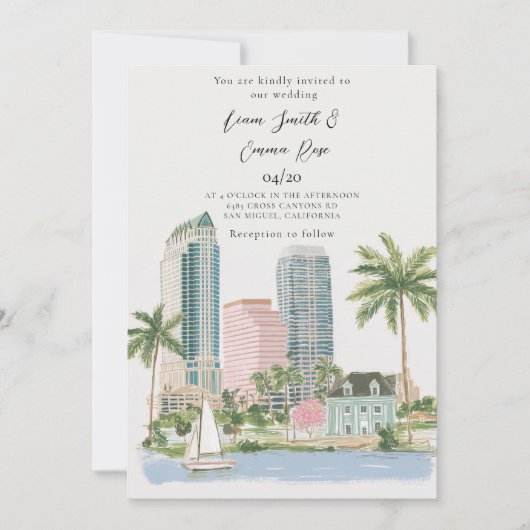 Invitation de mariage à l'aquarelle de la skyline (Devant)