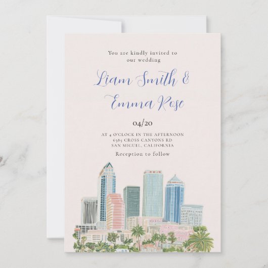 Invitation de mariage à l'aquarelle de la skyline (Devant)