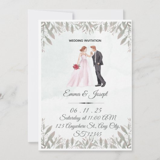 Invitation de mariage à l'aquarelle élégante  (Devant)