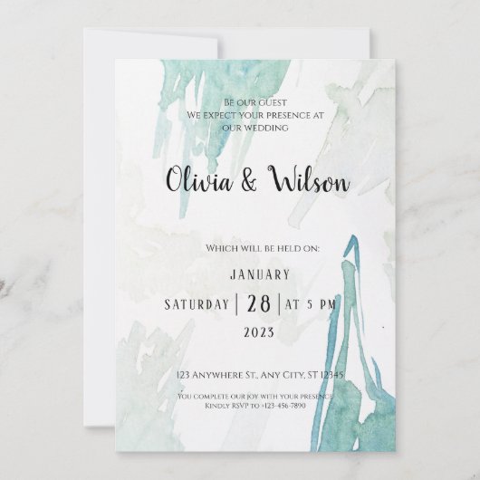 Invitation de mariage à l'aquarelle verte minimale (Devant)