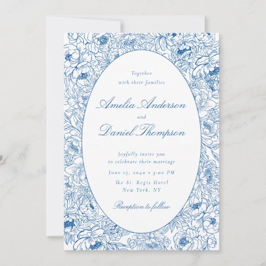 Invitation de mariage à l'art linéaire floral bleu (Devant)