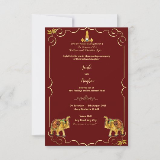 Invitation de mariage à l'éléphant rouge sud-indie (Devant)
