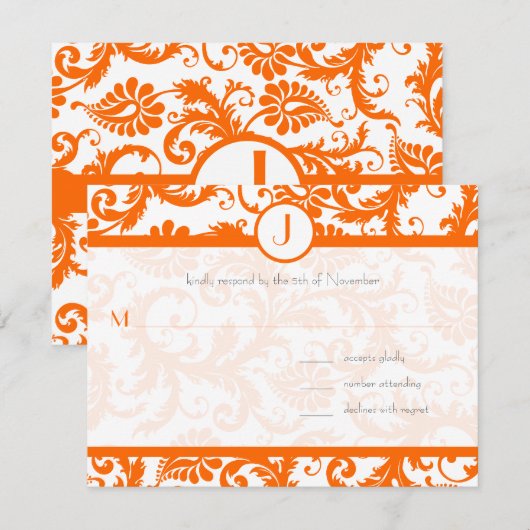 Invitation de mariage à monogramme damassé orange (Devant / Derrière)