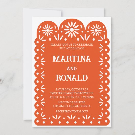 Invitation de mariage à papel picado mexicain oran (Devant)