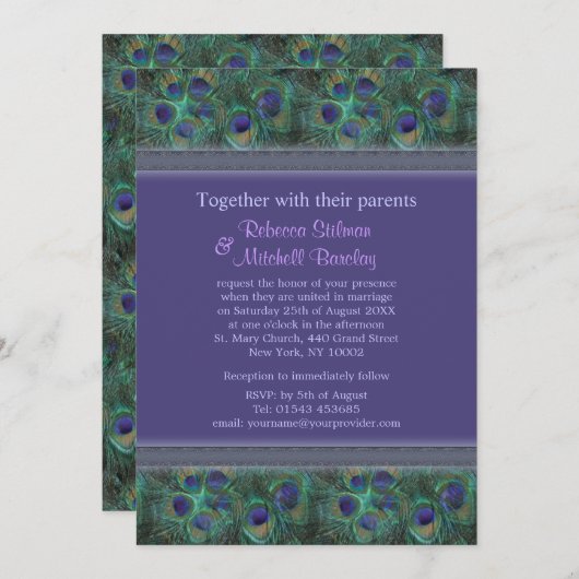 Invitation de mariage à plumes de paon vert violet (Devant / Derrière)