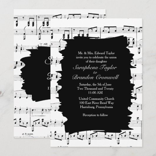 Invitation de mariage Abstraite de musique noire b (Devant / Derrière)