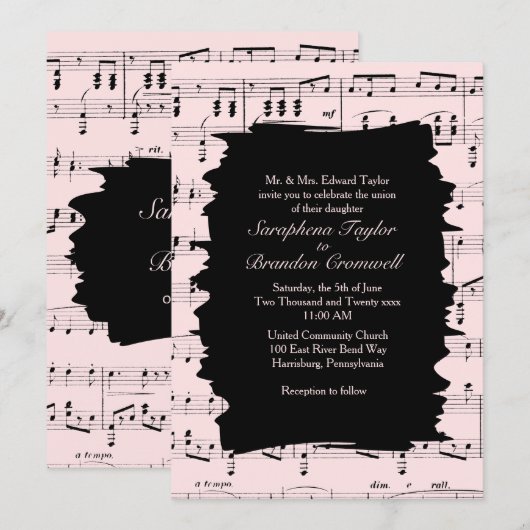Invitation de mariage Abstraite de musique rose (Devant / Derrière)