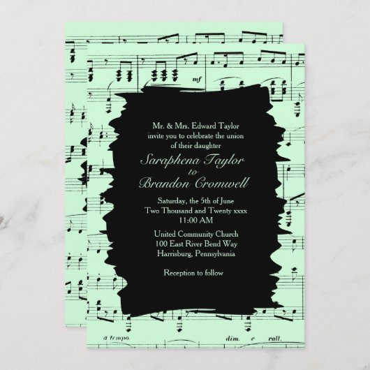 Invitation de mariage Abstraite de musique verte m (Devant / Derrière)