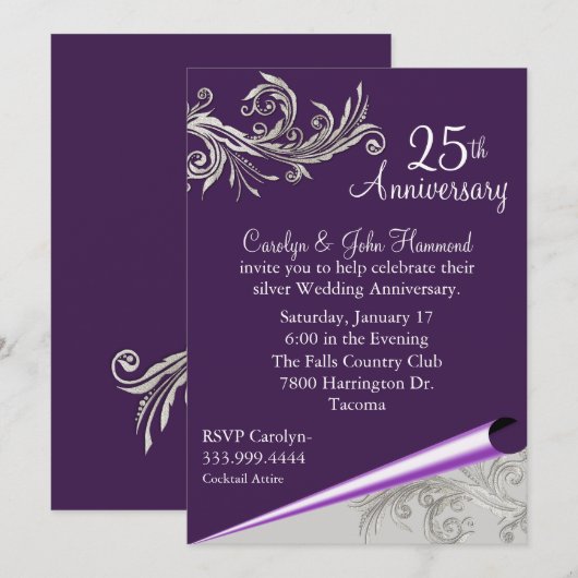 Invitation de mariage anniversaire violet et argen (Devant / Derrière)