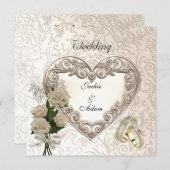 Invitation de mariage antique floral roses beige c (Devant / Derrière)