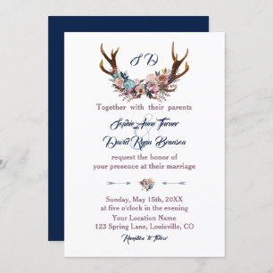 Invitation de mariage   Antlers Dusty Blue Rose Fl