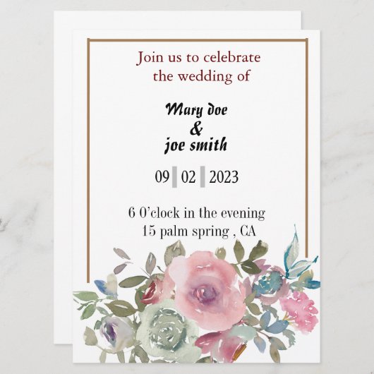 invitation de mariage aquarelle florale (Devant / Derrière)