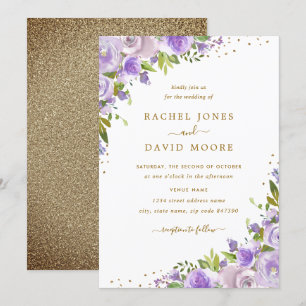 Invitation de mariage aquarelle florale or violet