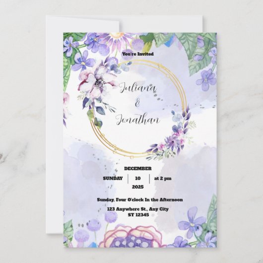 Invitation de mariage aquarelle florale verte et v (Devant)