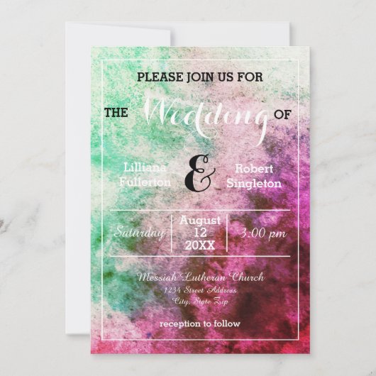 Invitation de mariage - Aquarelle verte/rose (Devant)