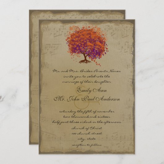 Invitation de mariage Arbre à coeur rouge en or mu (Devant / Derrière)