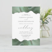 Invitation de mariage argentée à l'agate vert saug (Debout devant)