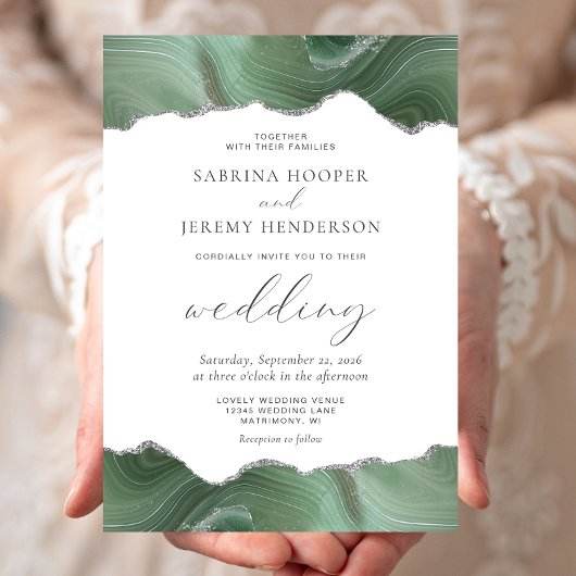 Invitation de mariage argentée à l'agate vert saug